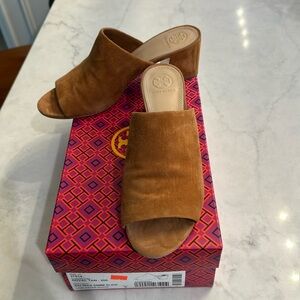 Tory Burch Salinas Slide Block Heel Royal Tan  Sandals Size 8